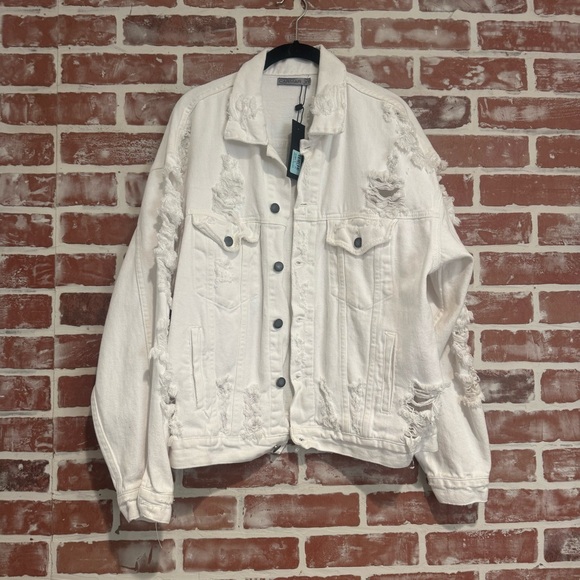 LF Jackets & Blazers - Carmar LF Audre Distressed White Denim Trucker Jacket Oversized XS NWT